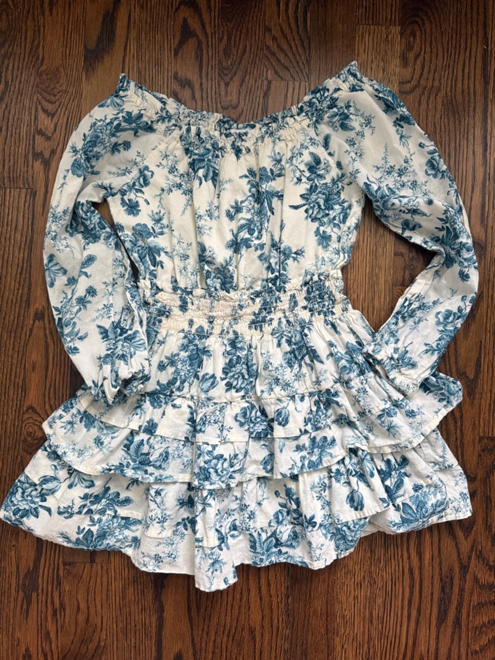 Loveshack Fancy X Gap Blue Floral Off-Shoulder Ruffle Mini Dress
